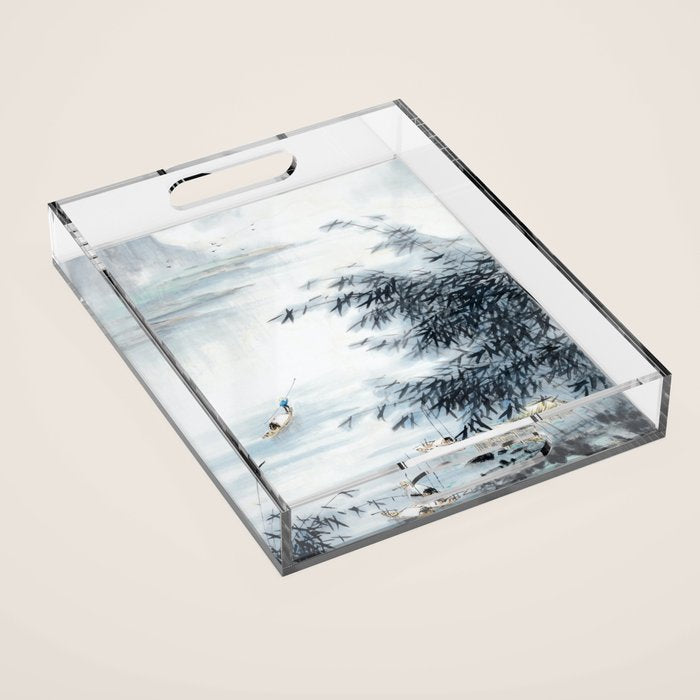 Traditional Japanese Ink Fishing Boat Mountain River Landscape Acrylic Tray Gallery Image 1