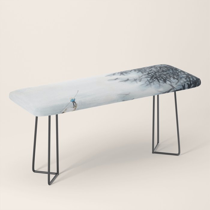 Traditional Japanese Ink Fishing Boat Mountain River Landscape Bench Gallery Image 1