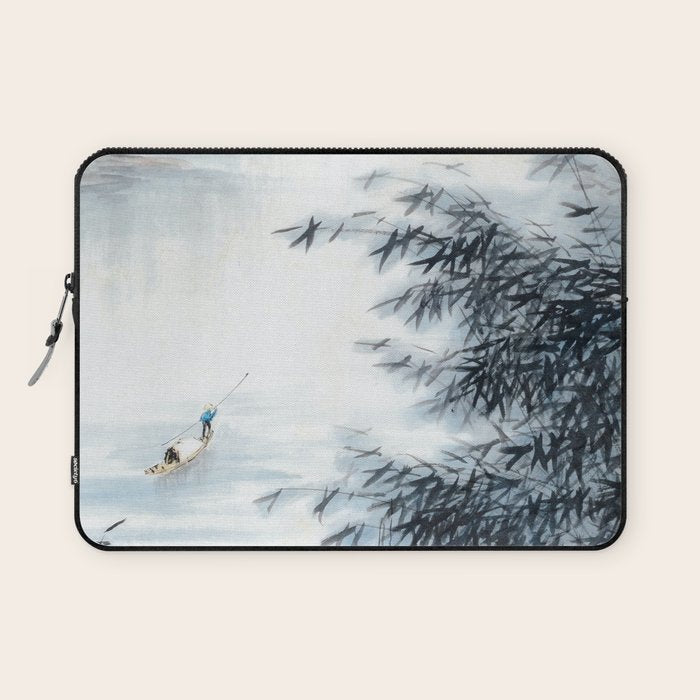 Traditional Japanese Ink Fishing Boat Mountain River Landscape Laptop Sleeve Gallery Image 1