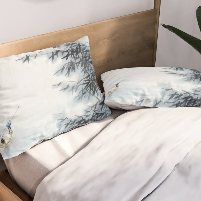 Traditional Japanese Ink Fishing Boat Mountain River Landscape Pillow Sham Gallery Image 2