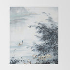 Traditional Japanese Ink Fishing Boat Mountain River Landscape Throw Blanket Gallery Image 2