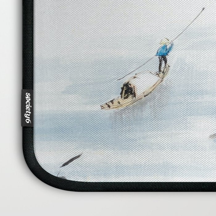 Traditional Japanese Ink Fishing Boat Mountain River Landscape Laptop Sleeve Gallery Image 3