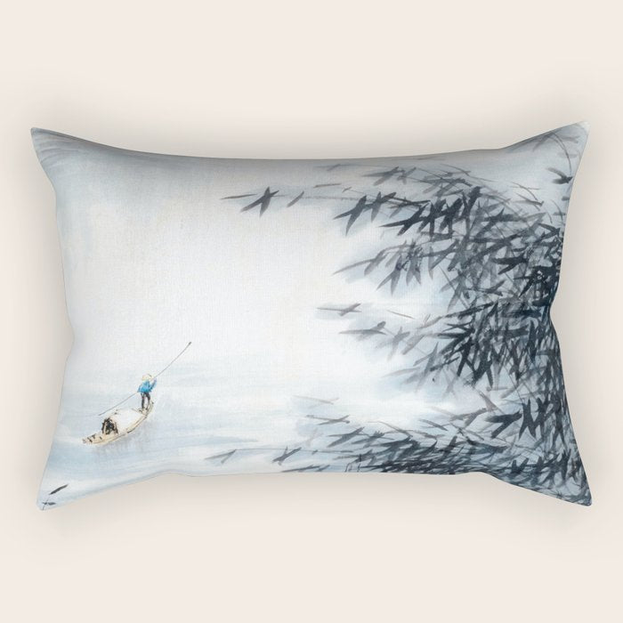 Traditional Japanese Ink Fishing Boat Mountain River Landscape Rectangular Pillow Gallery Image 1