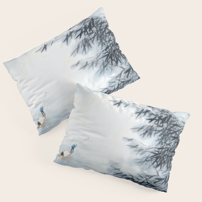 Traditional Japanese Ink Fishing Boat Mountain River Landscape Pillow Sham Gallery Image 1