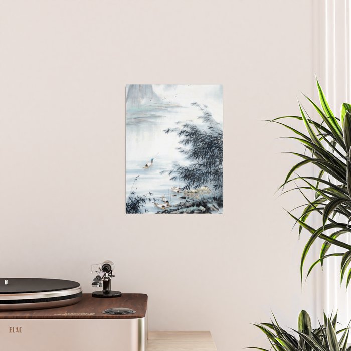 Traditional Japanese Ink Fishing Boat Mountain River Landscape Poster Gallery Image 2