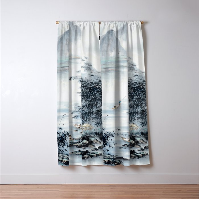 Traditional Japanese Ink Fishing Boat Mountain River Landscape Window Curtain Gallery Image 3