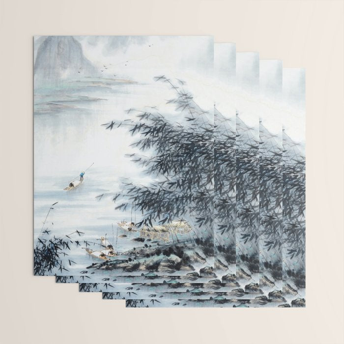 Traditional Japanese Ink Fishing Boat Mountain River Landscape Wrapping Paper Gallery Image 3
