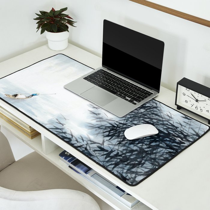 Traditional Japanese Ink Fishing Boat Mountain River Landscape Desk Mat Gallery Image 2