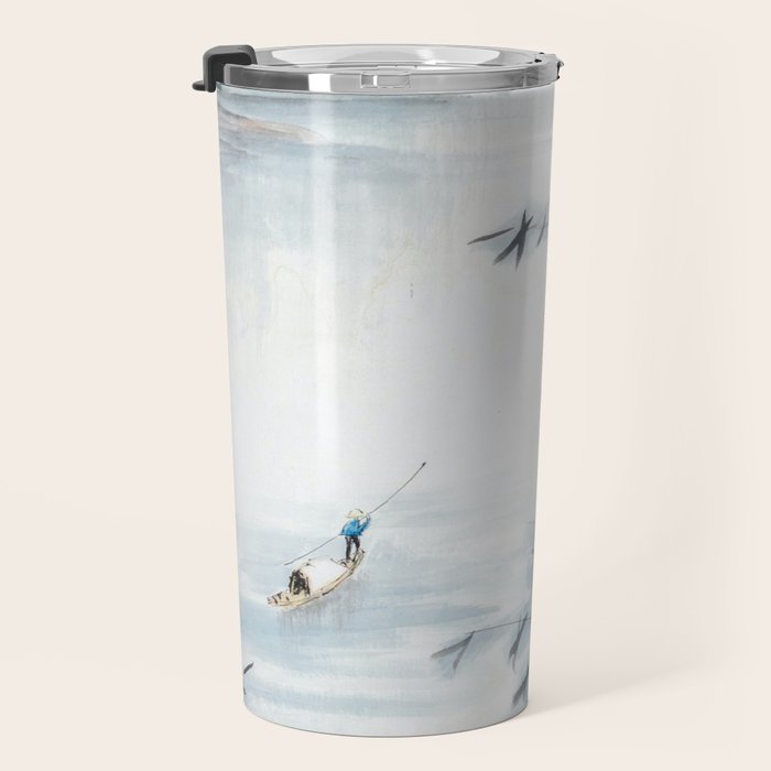 Traditional Japanese Ink Fishing Boat Mountain River Landscape Travel Mug Gallery Image 3