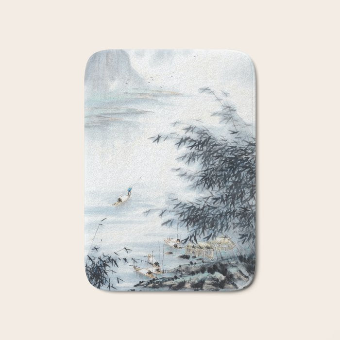 Traditional Japanese Ink Fishing Boat Mountain River Landscape Bath Mat Gallery Image 1