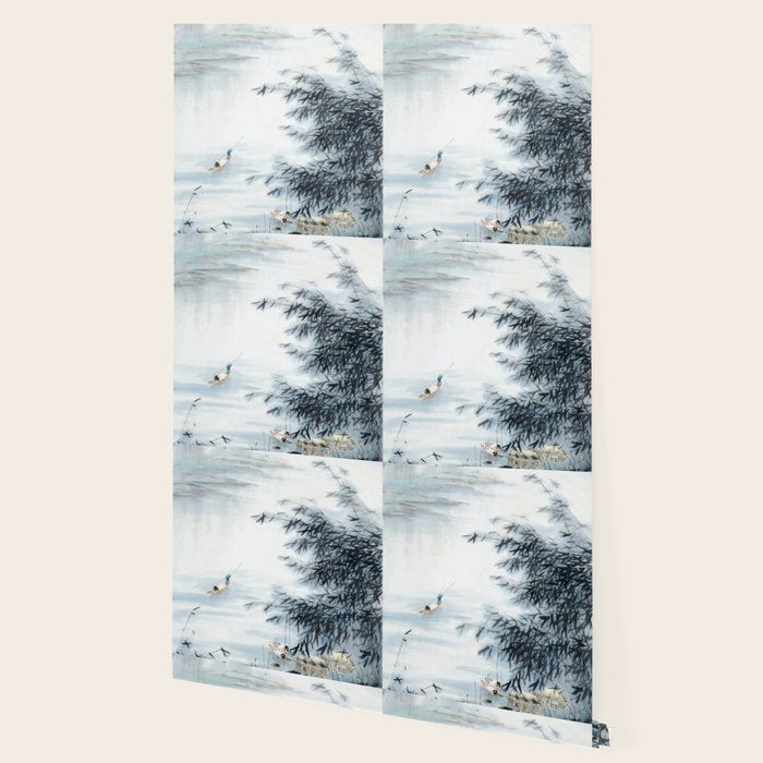 Traditional Japanese Ink Fishing Boat Mountain River Landscape Wallpaper Gallery Image 2