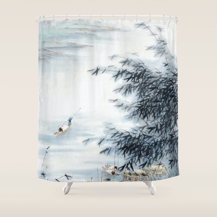 Traditional Japanese Ink Fishing Boat Mountain River Landscape Shower Curtain Gallery Image 1