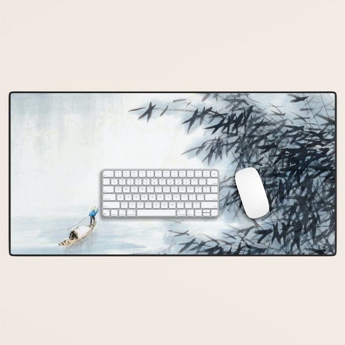 Traditional Japanese Ink Fishing Boat Mountain River Landscape Desk Mat Gallery Image 1