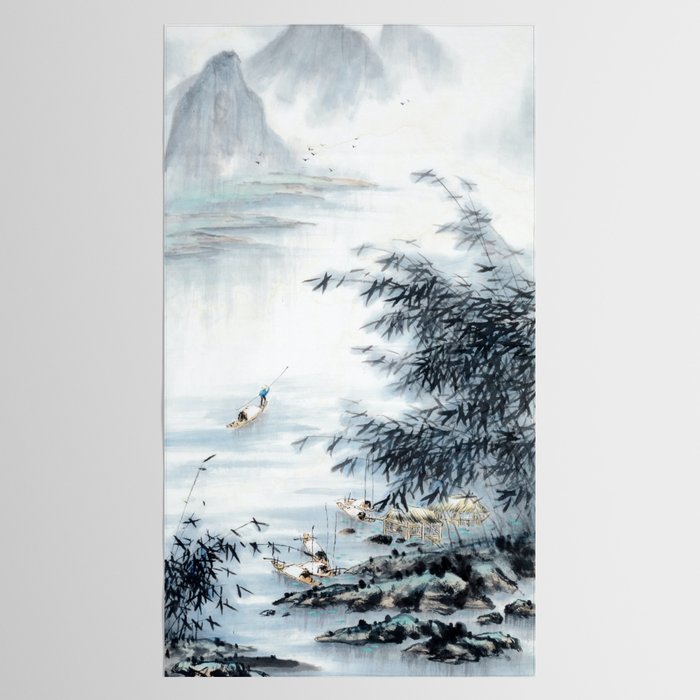 Traditional Japanese Ink Fishing Boat Mountain River Landscape Tablecloth Gallery Image 2