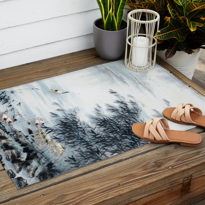 Traditional Japanese Ink Fishing Boat Mountain River Landscape Outdoor Rug Gallery Image 2