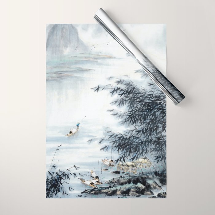 Traditional Japanese Ink Fishing Boat Mountain River Landscape Wrapping Paper Gallery Image 1