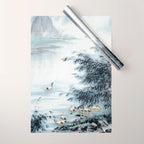 Traditional Japanese Ink Fishing Boat Mountain River Landscape Wrapping Paper Gallery Image 1