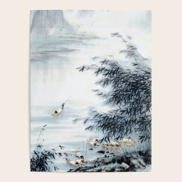 Traditional Japanese Ink Fishing Boat Mountain River Landscape Poster Gallery Image 1