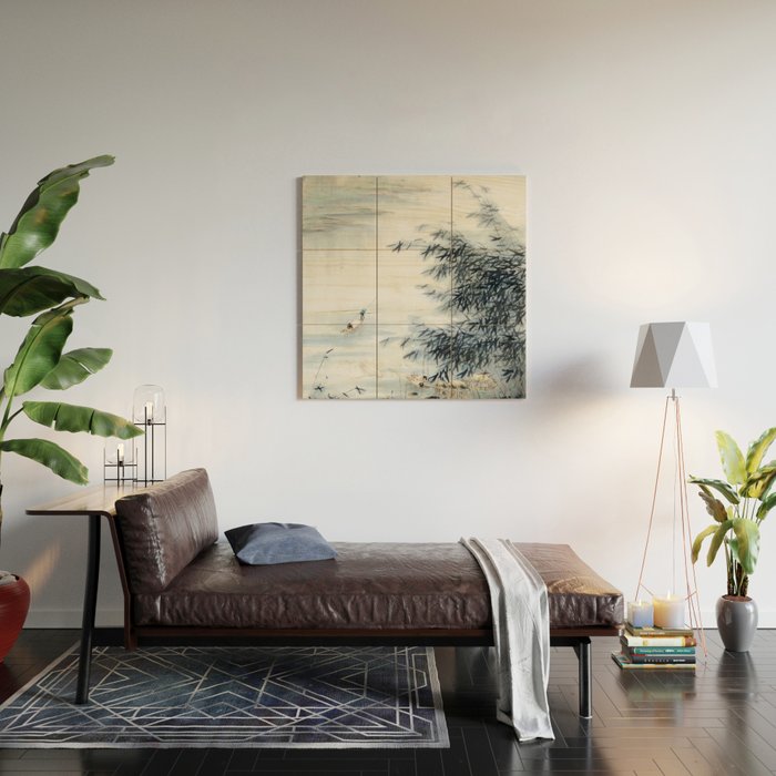 Traditional Japanese Ink Fishing Boat Mountain River Landscape Wood Wall Art Gallery Image 2