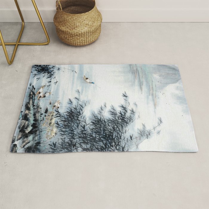 Traditional Japanese Ink Fishing Boat Mountain River Landscape Rug Gallery Image 1