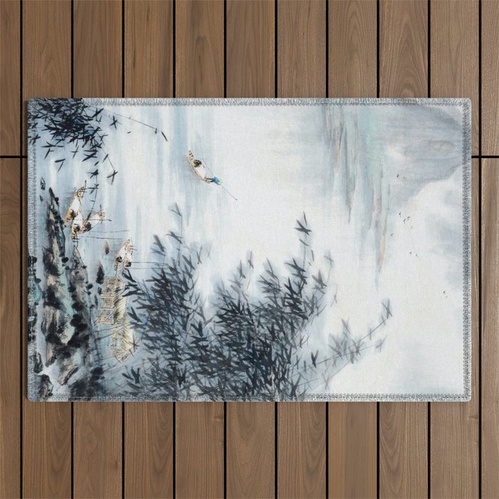 Traditional Japanese Ink Fishing Boat Mountain River Landscape Outdoor Rug Gallery Image 1