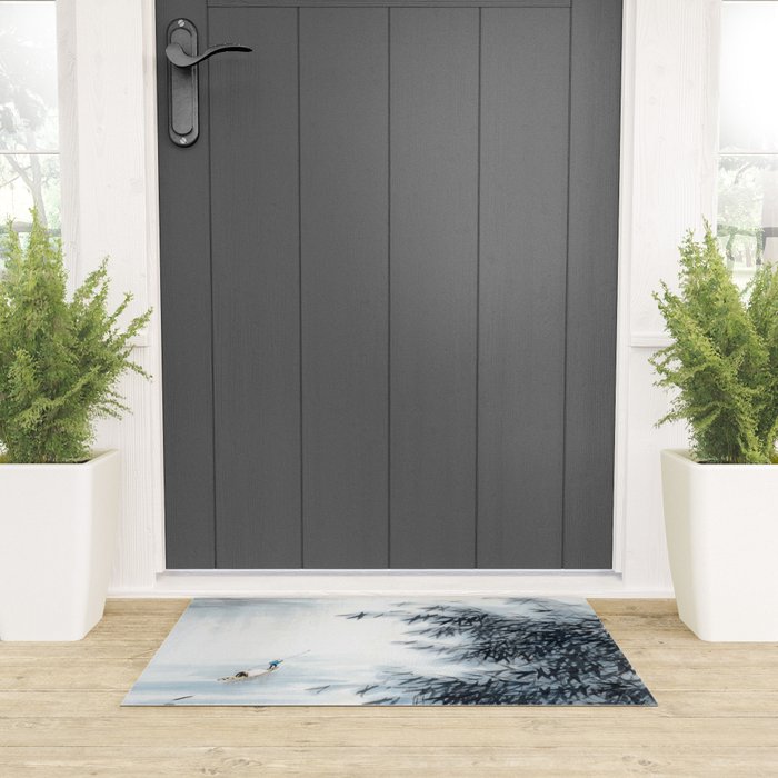 Traditional Japanese Ink Fishing Boat Mountain River Landscape Welcome Mat Gallery Image 3