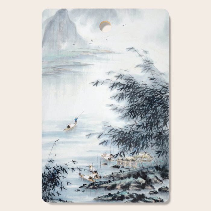 Traditional Japanese Ink Fishing Boat Mountain River Landscape Cutting Board Gallery Image 1