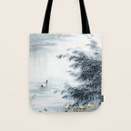 Traditional Japanese Ink Fishing Boat Mountain River Landscape Tote Bag Gallery Image 1
