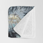 Traditional Japanese Ink Fishing Boat Mountain River Landscape Throw Blanket Gallery Image 3