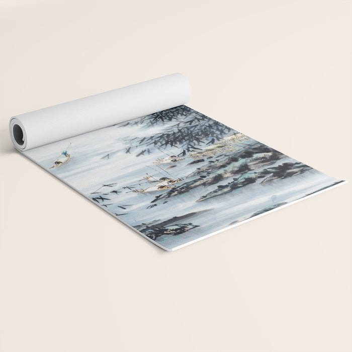 Traditional Japanese Ink Fishing Boat Mountain River Landscape Yoga Mat Gallery Image 2