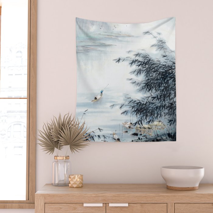 Traditional Japanese Ink Fishing Boat Mountain River Landscape Wall Tapestry Gallery Image 2