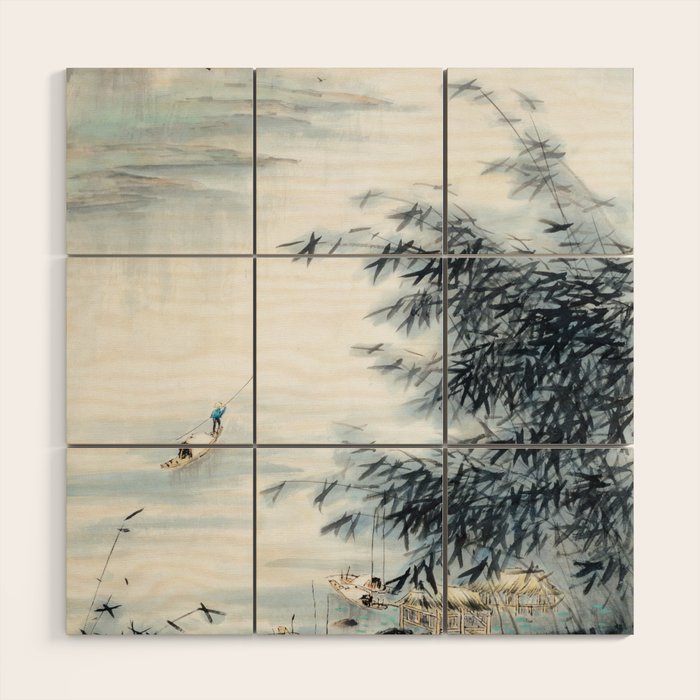 Traditional Japanese Ink Fishing Boat Mountain River Landscape Wood Wall Art Gallery Image 1