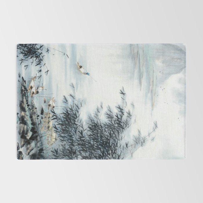 Traditional Japanese Ink Fishing Boat Mountain River Landscape Rug Gallery Image 2