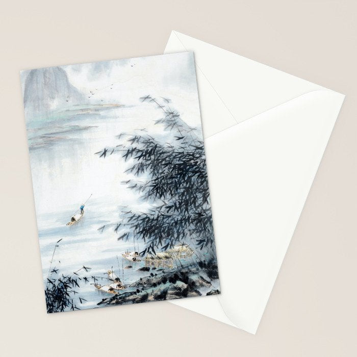 Traditional Japanese Ink Fishing Boat Mountain River Landscape Stationery Card Gallery Image 2