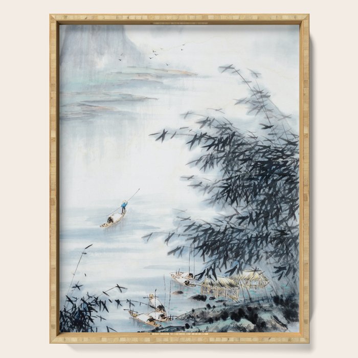 Traditional Japanese Ink Fishing Boat Mountain River Landscape Serving Tray Gallery Image 1