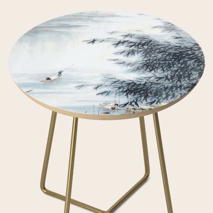 Traditional Japanese Ink Fishing Boat Mountain River Landscape Side Table Gallery Image 2