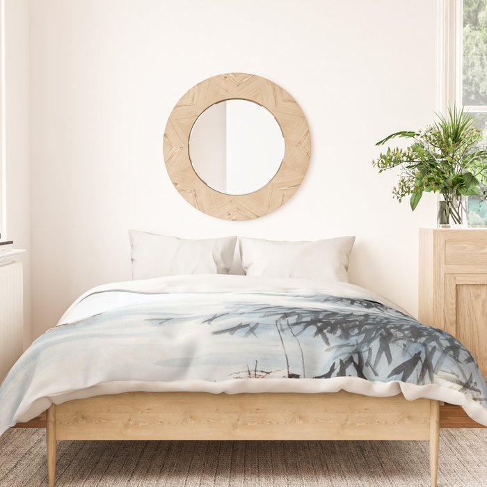 Traditional Japanese Ink Fishing Boat Mountain River Landscape Duvet Cover Gallery Image 3