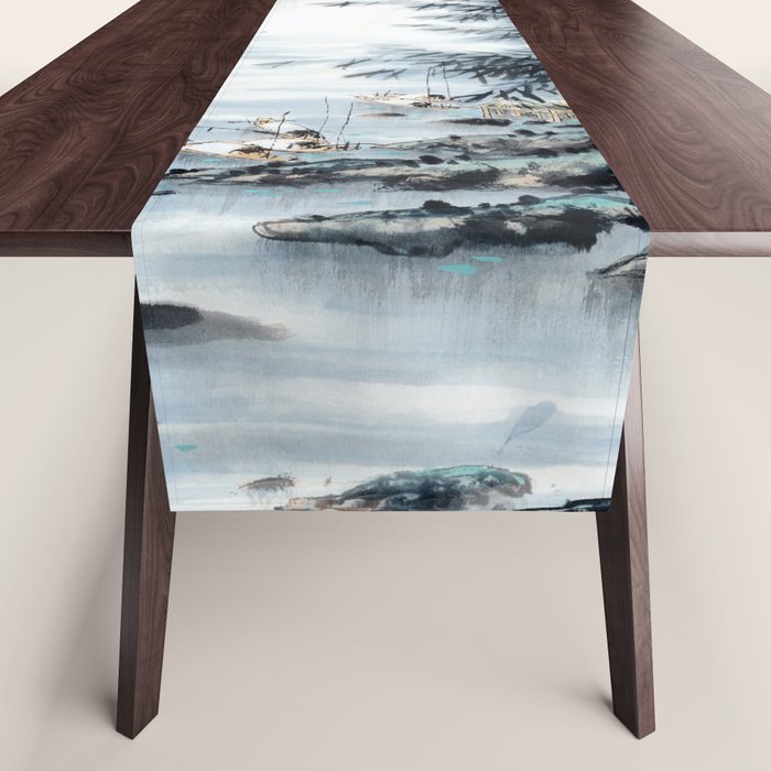 Traditional Japanese Ink Fishing Boat Mountain River Landscape Table Runner Gallery Image 1