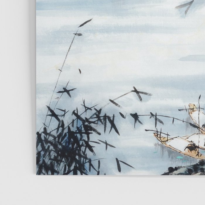 Traditional Japanese Ink Fishing Boat Mountain River Landscape Poster Gallery Image 3