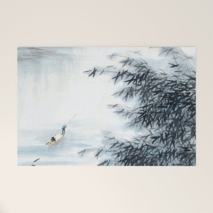 Traditional Japanese Ink Fishing Boat Mountain River Landscape Welcome Mat Gallery Image 1