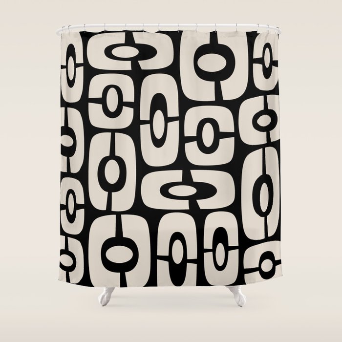 Mid Century Modern Cosmic Abstract 364 Black and Linen White Shower Curtain Gallery Image 1
