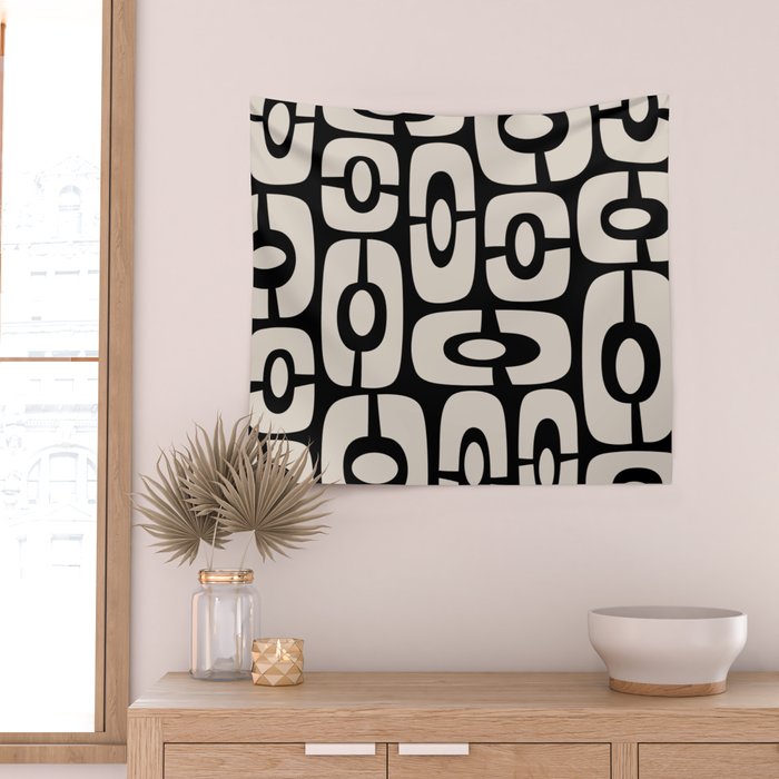 Mid Century Modern Cosmic Abstract 364 Black and Linen White Wall Tapestry Gallery Image 2