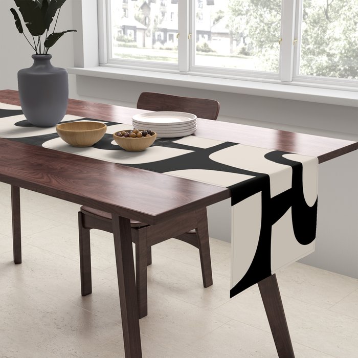 Mid Century Modern Cosmic Abstract 364 Black and Linen White Table Runner Gallery Image 2