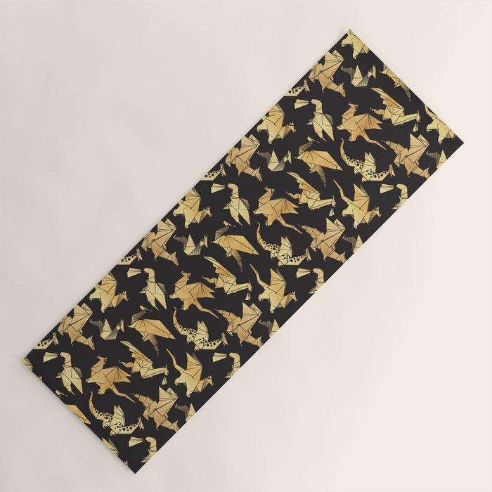 Origami metallic dragon friends // black background golden fantasy animals Yoga Mat Gallery Image 1