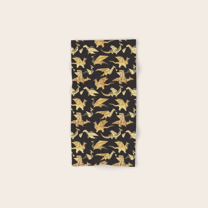 Origami metallic dragon friends // black background golden fantasy animals Bath Towel Gallery Image 1