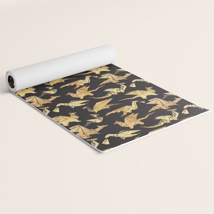 Origami metallic dragon friends // black background golden fantasy animals Yoga Mat Gallery Image 2