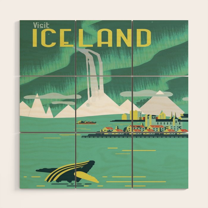 Vintage Mid Century Modern Iceland Scandinavian Travel Poster Ocean Whale Winter Village Wood Wall Art Gallery Image 1