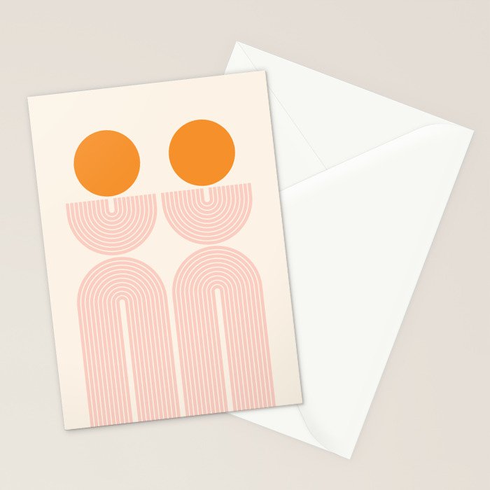 Mid Century Modern Geometric 43 in Coral Orange (Rainbow and Sun Abstraction) Stationery Card Gallery Image 2