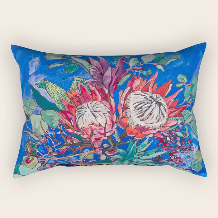 Painterly Bouquet of Proteas in Greek Horse Urn on Blue Rectangular Pillow Gallery Image 1