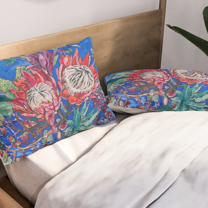 Painterly Bouquet of Proteas in Greek Horse Urn on Blue Pillow Sham Gallery Image 2